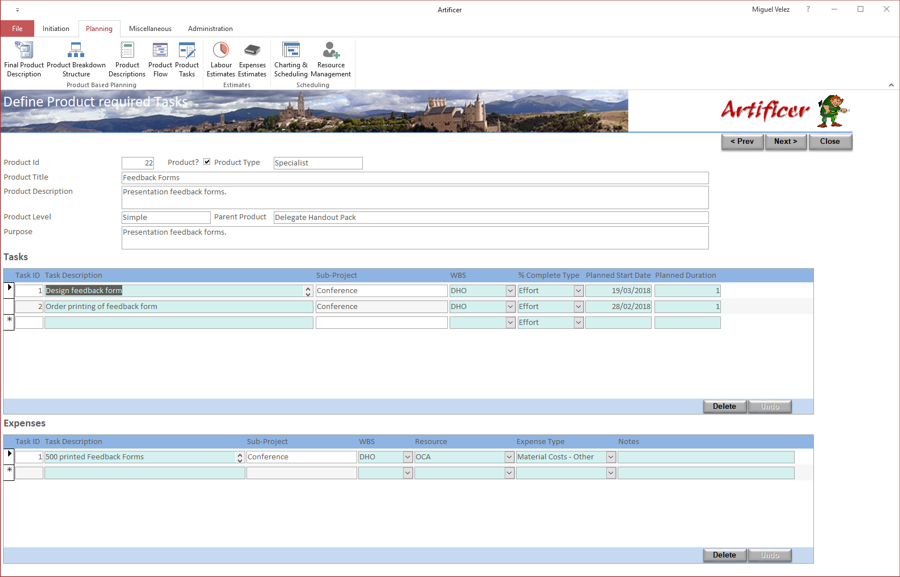 Product Tasks Screen