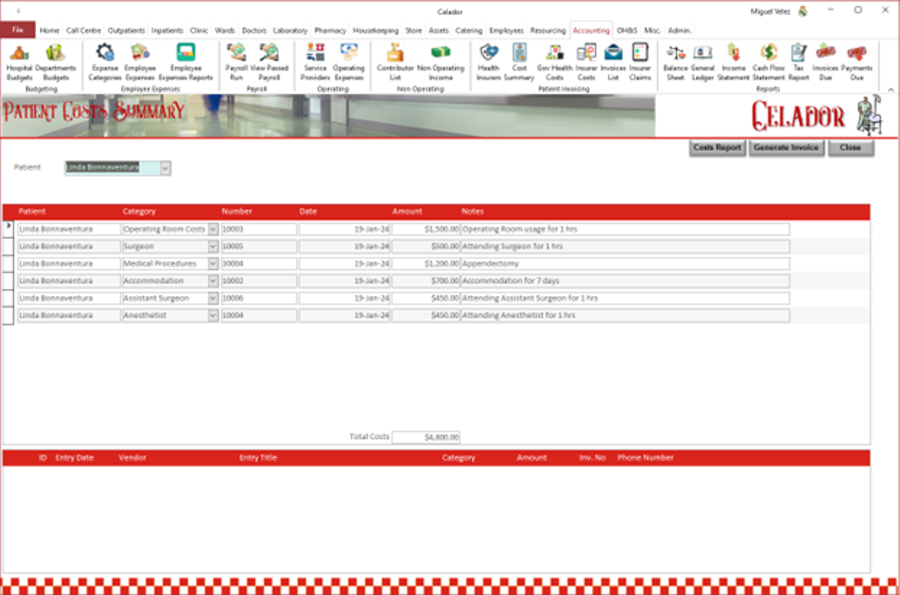 Patient Costs Screen