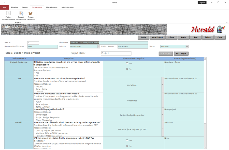 Assessment screen