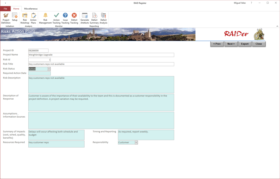 Risk Action Plans Screen